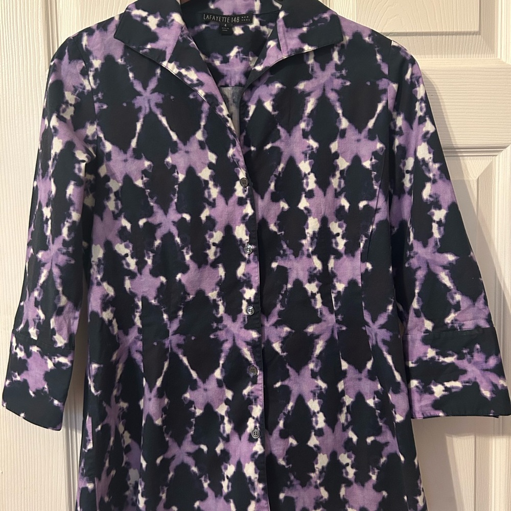 Lafayette 148 Purple and Black Patterned button down top size 4